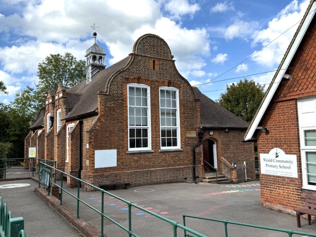 The front of the school and top playground